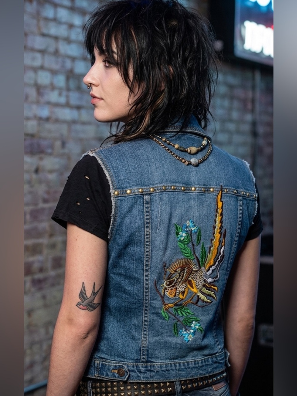 NITROGEN Signature Denim Sleeveless Vest w Peacock embroidery on back Size Small